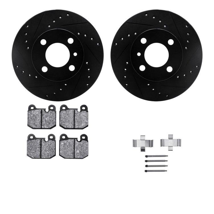 8612-31003 Drilled/Slotted Brake Rotors w/5000 Euro Ceramic Brake Pads Kit & Hardware [Black], 1977-1977 BMW, Position: Front
