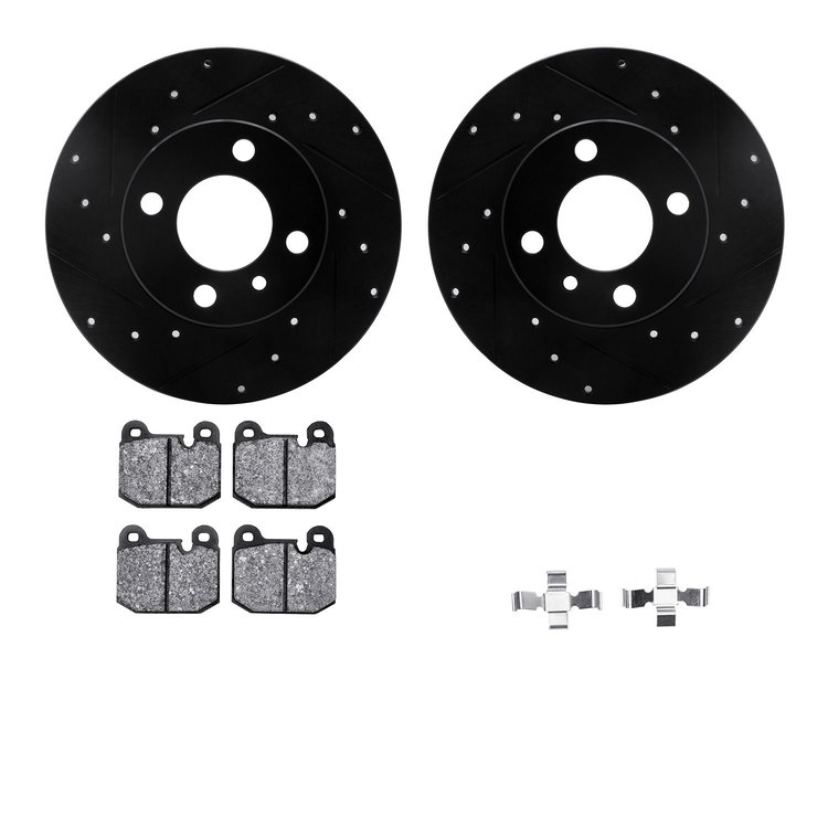 8612-31004 Drilled/Slotted Brake Rotors w/5000 Euro Ceramic Brake Pads Kit & Hardware [Black], 1977-1983 BMW, Position: Front