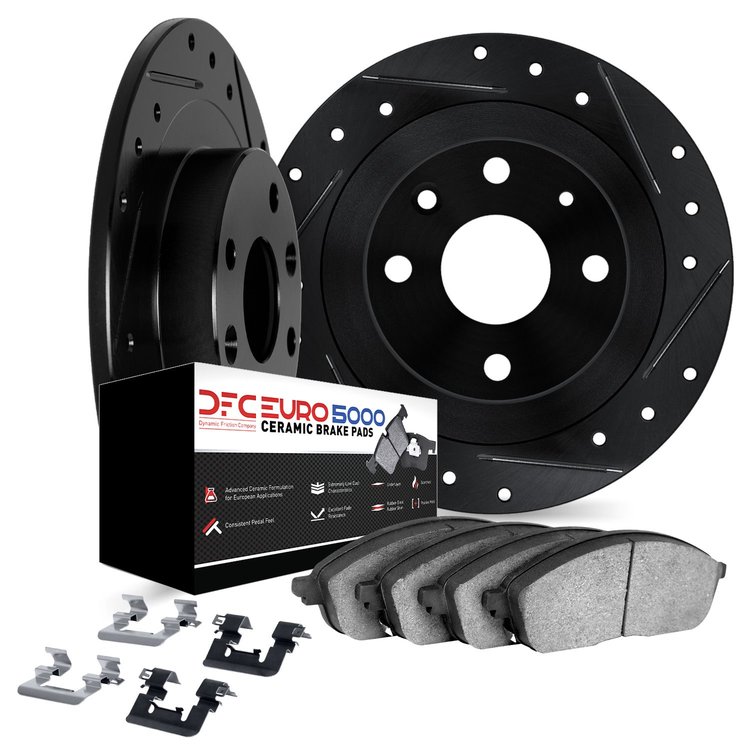 8612-31008 Drilled/Slotted Brake Rotors w/5000 Euro Ceramic Brake Pads Kit & Hardware [Black], 1984-1985 BMW, Position: Front