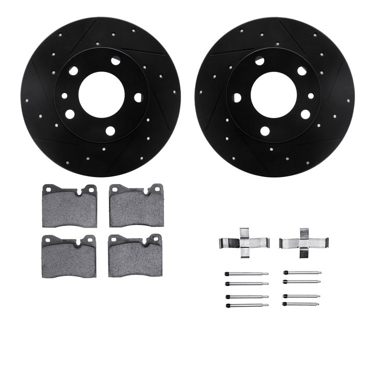 8612-31010 Drilled/Slotted Brake Rotors w/5000 Euro Ceramic Brake Pads Kit & Hardware [Black], 1976-1976 BMW, Position: Front
