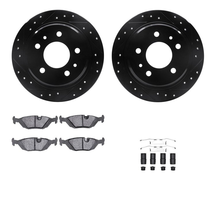 8612-31012 Drilled/Slotted Brake Rotors w/5000 Euro Ceramic Brake Pads Kit & Hardware [Black], 1982-1989 BMW, Position: Rear
