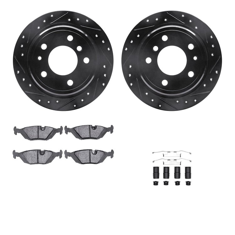 8612-31013 Drilled/Slotted Brake Rotors w/5000 Euro Ceramic Brake Pads Kit & Hardware [Black], 1981-1986 BMW, Position: Rear