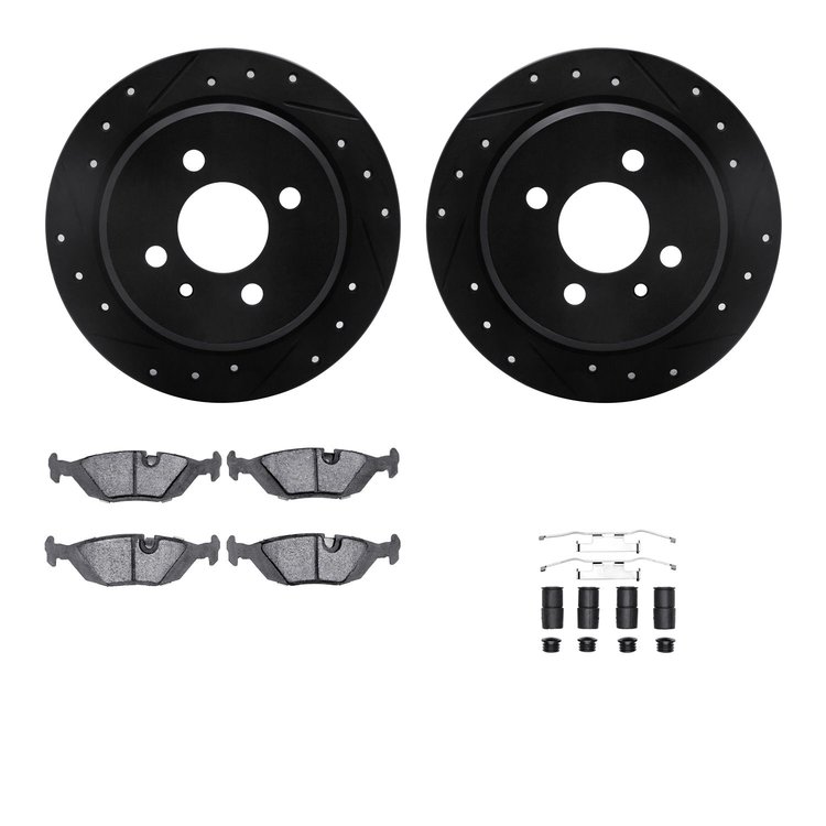 8612-31016 Drilled/Slotted Brake Rotors w/5000 Euro Ceramic Brake Pads Kit & Hardware [Black], 1984-1991 BMW, Position: Rear