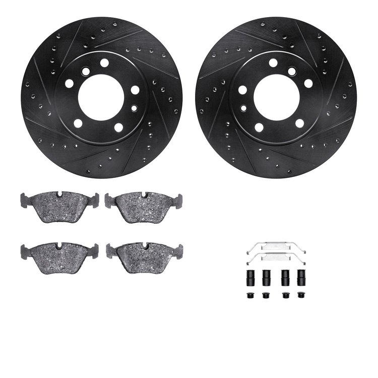 8612-31021 Drilled/Slotted Brake Rotors w/5000 Euro Ceramic Brake Pads Kit & Hardware [Black], 1989-1995 BMW, Position: Front