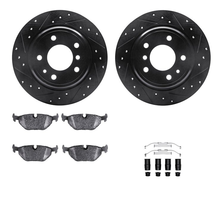 8612-31022 Drilled/Slotted Brake Rotors w/5000 Euro Ceramic Brake Pads Kit & Hardware [Black], 1989-1995 BMW, Position: Rear