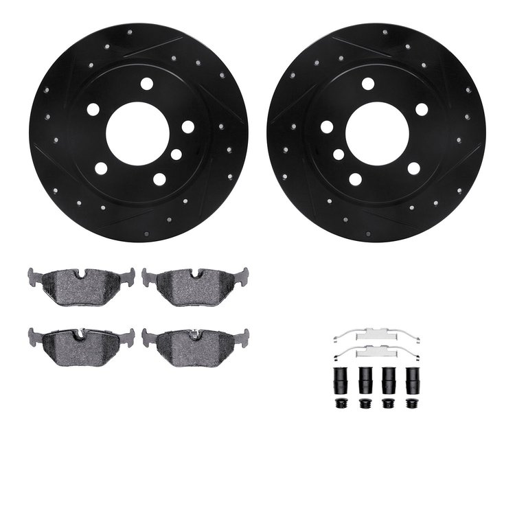 8612-31027 Drilled/Slotted Brake Rotors w/5000 Euro Ceramic Brake Pads Kit & Hardware [Black], 1991-1999 BMW, Position: Rear