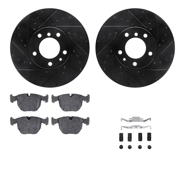 8612-31029 Drilled/Slotted Brake Rotors w/5000 Euro Ceramic Brake Pads Kit & Hardware [Black], 2000-2000 BMW, Position: Front