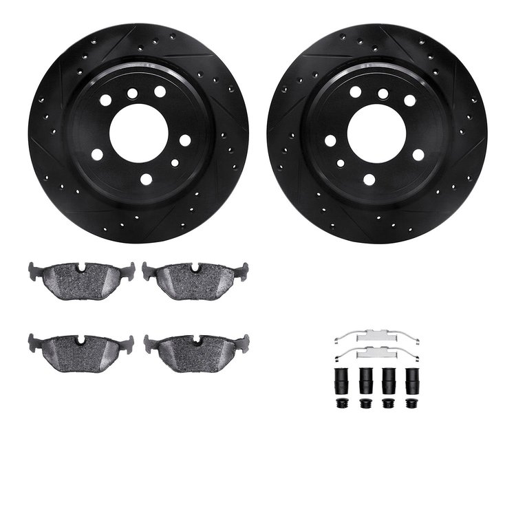 8612-31032 Drilled/Slotted Brake Rotors w/5000 Euro Ceramic Brake Pads Kit & Hardware [Black], 1991-1995 BMW, Position: Rear