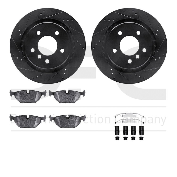 8612-31033 Drilled/Slotted Brake Rotors w/5000 Euro Ceramic Brake Pads Kit & Hardware [Black], 1995-2002 BMW, Position: Rear
