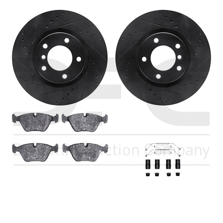 8612-31034 Drilled/Slotted Brake Rotors w/5000 Euro Ceramic Brake Pads Kit & Hardware [Black], 1995-2002 BMW, Position: Front