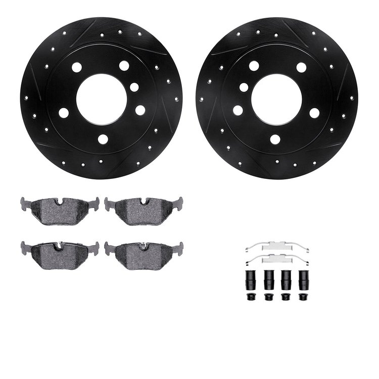 8612-31036 Drilled/Slotted Brake Rotors w/5000 Euro Ceramic Brake Pads Kit & Hardware [Black], 1995-1999 BMW, Position: Rear