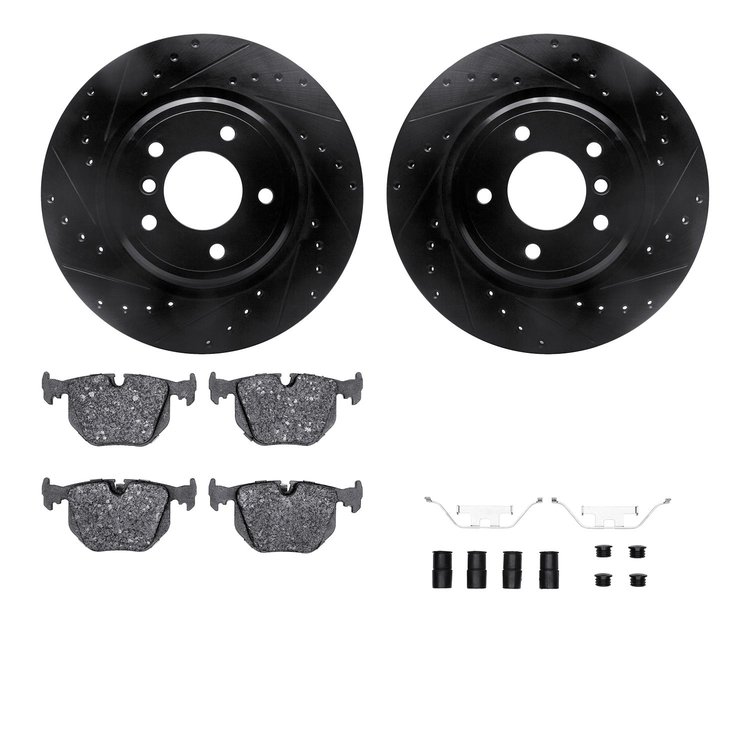 8612-31038 Drilled/Slotted Brake Rotors w/5000 Euro Ceramic Brake Pads Kit & Hardware [Black], 1995-2003 BMW, Position: Rear
