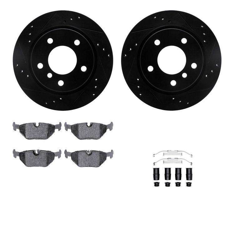 8612-31039 Drilled/Slotted Brake Rotors w/5000 Euro Ceramic Brake Pads Kit & Hardware [Black], 1996-2005 BMW, Position: Rear