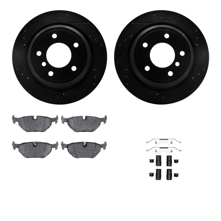 8612-31041 Drilled/Slotted Brake Rotors w/5000 Euro Ceramic Brake Pads Kit & Hardware [Black], 1996-2003 BMW, Position: Rear