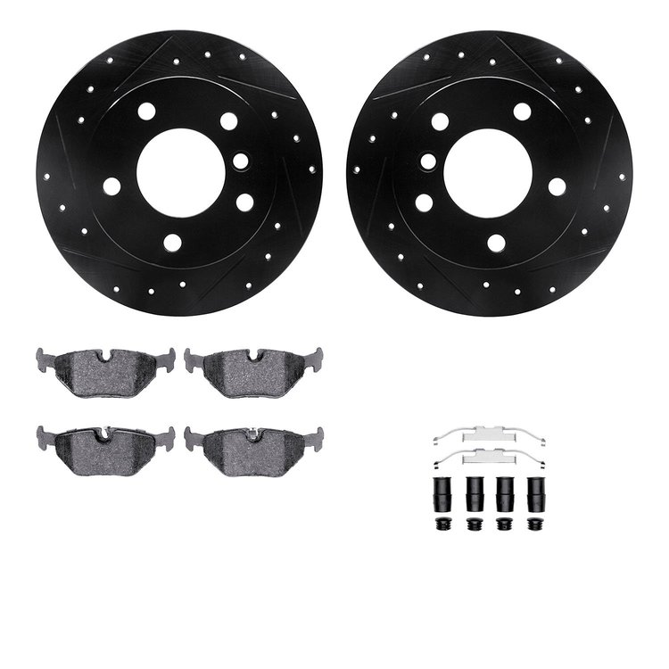 8612-31042 Drilled/Slotted Brake Rotors w/5000 Euro Ceramic Brake Pads Kit & Hardware [Black], 1996-2002 BMW, Position: Rear