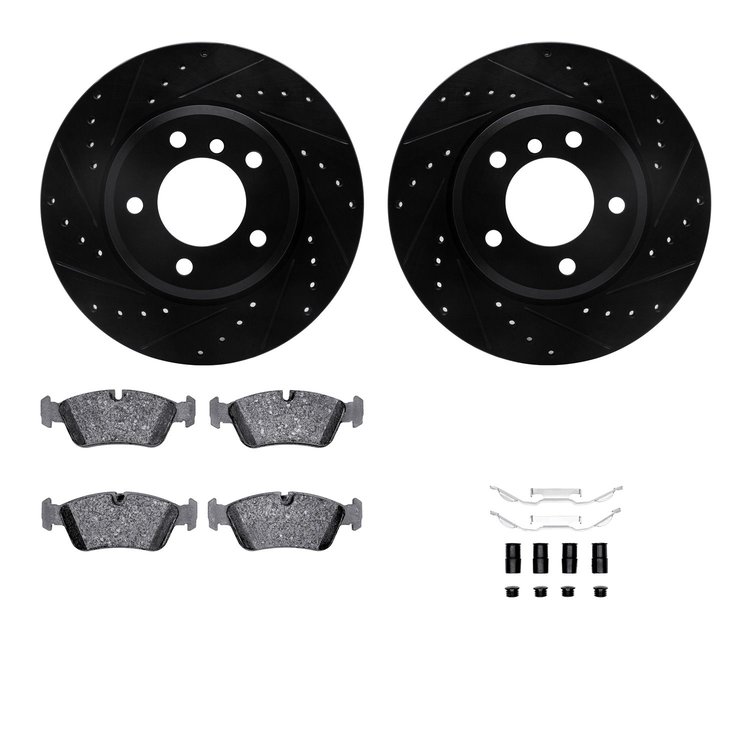 8612-31043 Drilled/Slotted Brake Rotors w/5000 Euro Ceramic Brake Pads Kit & Hardware [Black], 1999-2008 BMW, Position: Front