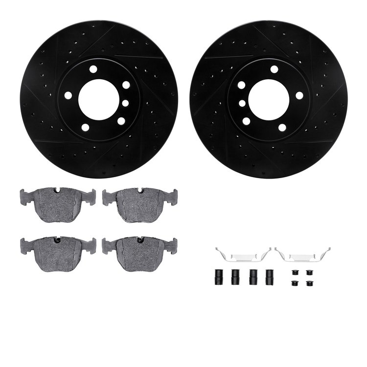 8612-31048 Drilled/Slotted Brake Rotors w/5000 Euro Ceramic Brake Pads Kit & Hardware [Black], 2001-2003 BMW, Position: Front