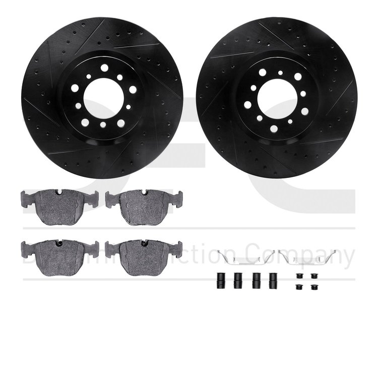 8612-31052 Drilled/Slotted Brake Rotors w/5000 Euro Ceramic Brake Pads Kit & Hardware [Black], 2000-2003 BMW, Position: Front