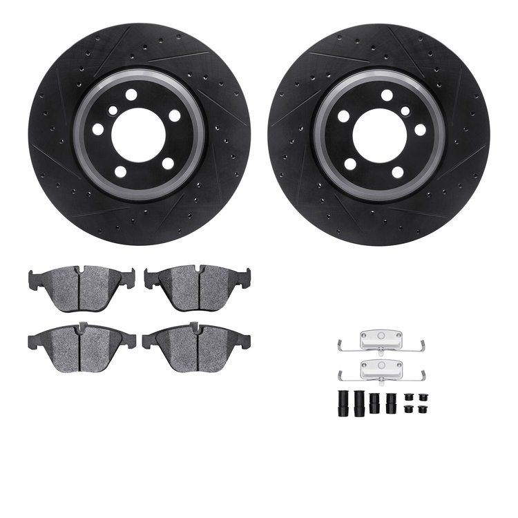 8612-31053 Drilled/Slotted Brake Rotors w/5000 Euro Ceramic Brake Pads Kit & Hardware [Black], 2002-2008 BMW, Position: Front