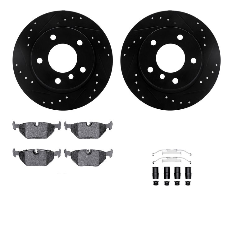 8612-31055 Drilled/Slotted Brake Rotors w/5000 Euro Ceramic Brake Pads Kit & Hardware [Black], 2003-2006 BMW, Position: Rear