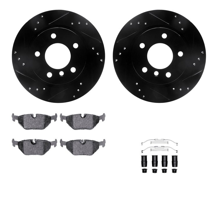 8612-31056 Drilled/Slotted Brake Rotors w/5000 Euro Ceramic Brake Pads Kit & Hardware [Black], 2003-2008 BMW, Position: Rear