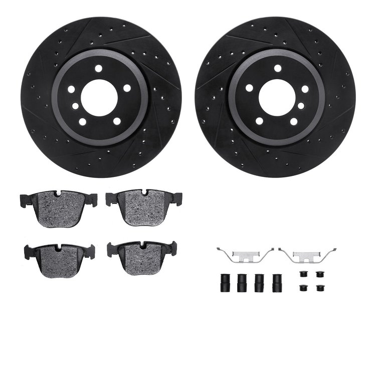 8612-31060 Drilled/Slotted Brake Rotors w/5000 Euro Ceramic Brake Pads Kit & Hardware [Black], 2004-2010 BMW, Position: Rear