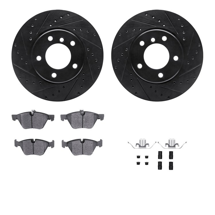8612-31061 Drilled/Slotted Brake Rotors w/5000 Euro Ceramic Brake Pads Kit & Hardware [Black], 2004-2010 BMW, Position: Front