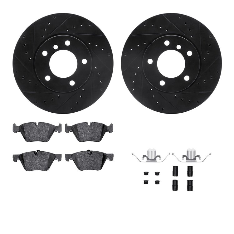 8612-31063 Drilled/Slotted Brake Rotors w/5000 Euro Ceramic Brake Pads Kit & Hardware [Black], 2006-2007 BMW, Position: Front