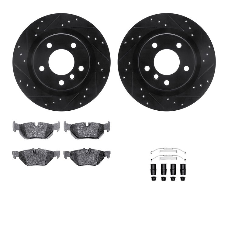 8612-31065 Drilled/Slotted Brake Rotors w/5000 Euro Ceramic Brake Pads Kit & Hardware [Black], 2006-2013 BMW, Position: Rear