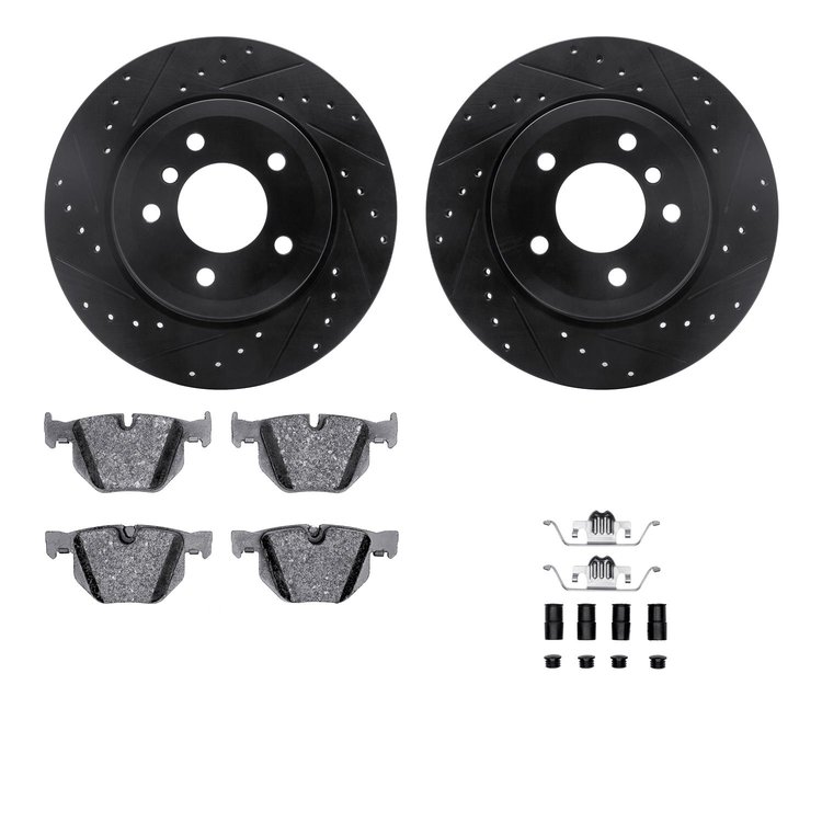 8612-31068 Drilled/Slotted Brake Rotors w/5000 Euro Ceramic Brake Pads Kit & Hardware [Black], 2006-2010 BMW, Position: Rear