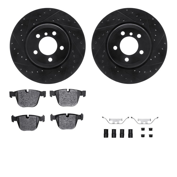 8612-31069 Drilled/Slotted Brake Rotors w/5000 Euro Ceramic Brake Pads Kit & Hardware [Black], 2005-2008 BMW, Position: Rear
