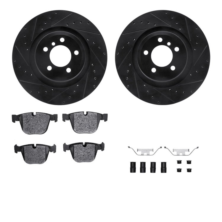 8612-31073 Drilled/Slotted Brake Rotors w/5000 Euro Ceramic Brake Pads Kit & Hardware [Black], 2007-2008 BMW, Position: Rear