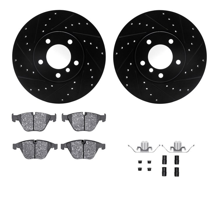 8612-31076 Drilled/Slotted Brake Rotors w/5000 Euro Ceramic Brake Pads Kit & Hardware [Black], 2007-2015 BMW, Position: Front