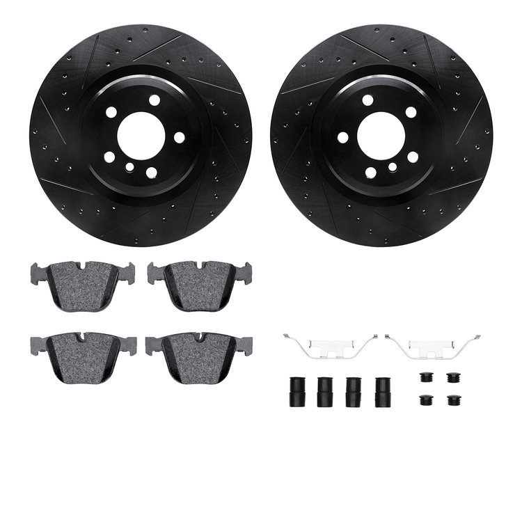 8612-31080 Drilled/Slotted Brake Rotors w/5000 Euro Ceramic Brake Pads Kit & Hardware [Black], 2009-2017 BMW, Position: Rear