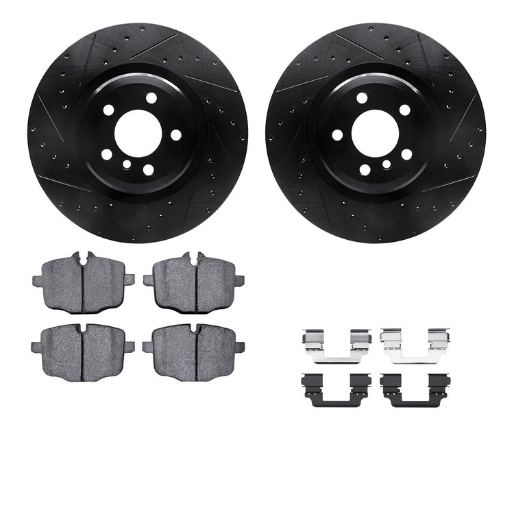 8612-31081 Drilled/Slotted Brake Rotors w/5000 Euro Ceramic Brake Pads Kit & Hardware [Black], 2016-2019 BMW, Position: Rear