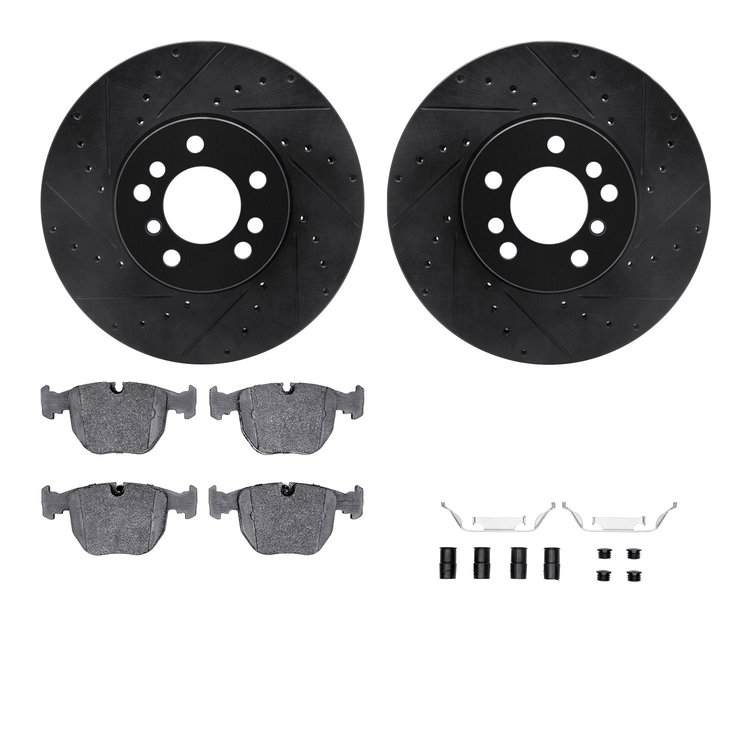 8612-31107 Drilled/Slotted Brake Rotors w/5000 Euro Ceramic Brake Pads Kit & Hardware [Black], 2000-2006 BMW, Position: Front
