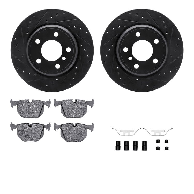 8612-31109 Drilled/Slotted Brake Rotors w/5000 Euro Ceramic Brake Pads Kit & Hardware [Black], 2002-2006 BMW, Position: Rear