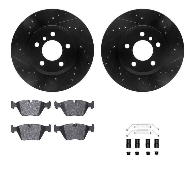 8612-31110 Drilled/Slotted Brake Rotors w/5000 Euro Ceramic Brake Pads Kit & Hardware [Black], 2004-2010 BMW, Position: Front