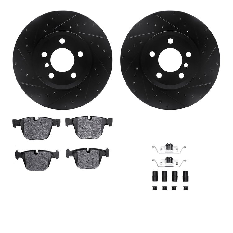 8612-31111 Drilled/Slotted Brake Rotors w/5000 Euro Ceramic Brake Pads Kit & Hardware [Black], 2007-2019 BMW, Position: Rear