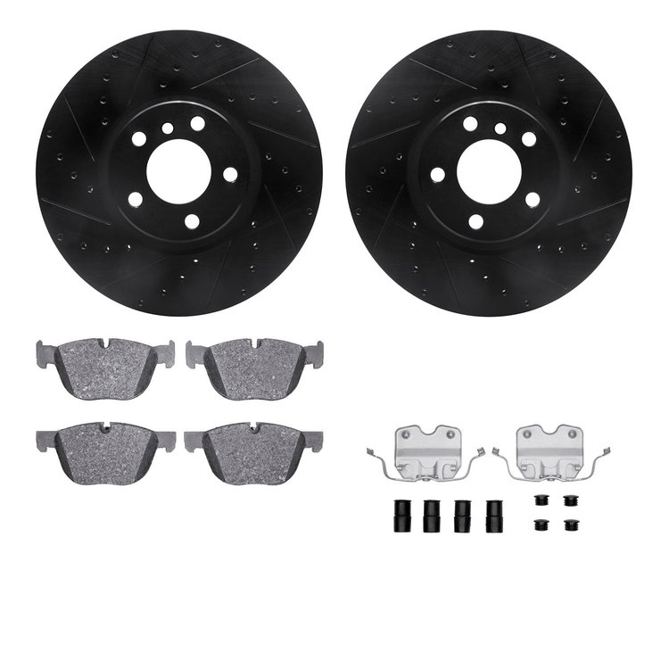 8612-31112 Drilled/Slotted Brake Rotors w/5000 Euro Ceramic Brake Pads Kit & Hardware [Black], 2007-2018 BMW, Position: Front