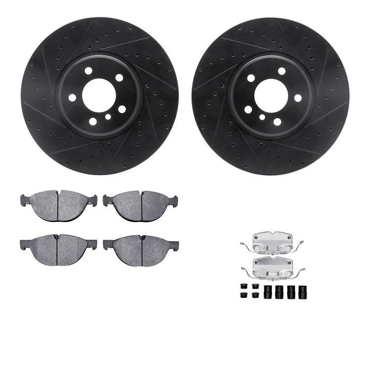 8612-31115 Drilled/Slotted Brake Rotors w/5000 Euro Ceramic Brake Pads Kit & Hardware [Black], 2008-2019 BMW, Position: Front