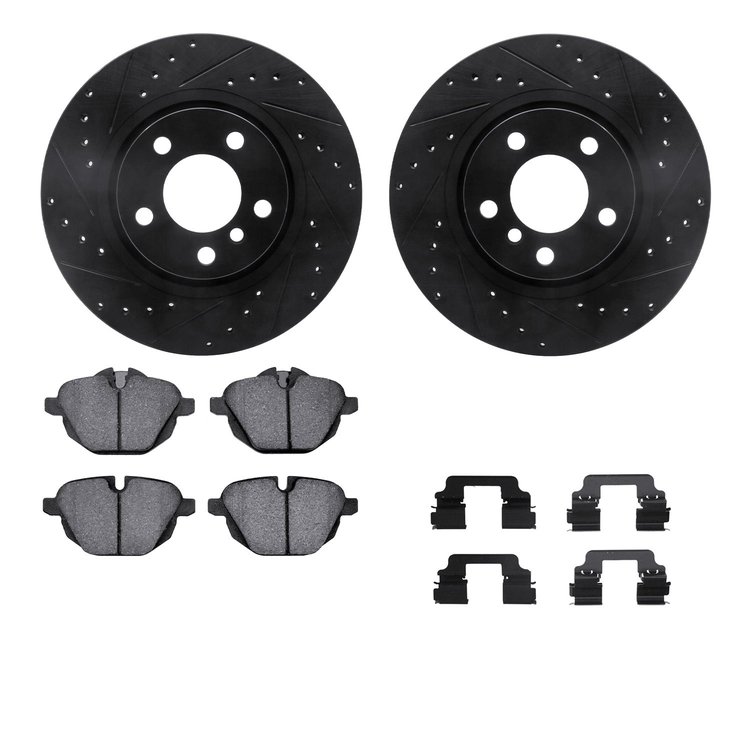 8612-31119 Drilled/Slotted Brake Rotors w/5000 Euro Ceramic Brake Pads Kit & Hardware [Black], 2011-2018 BMW, Position: Rear