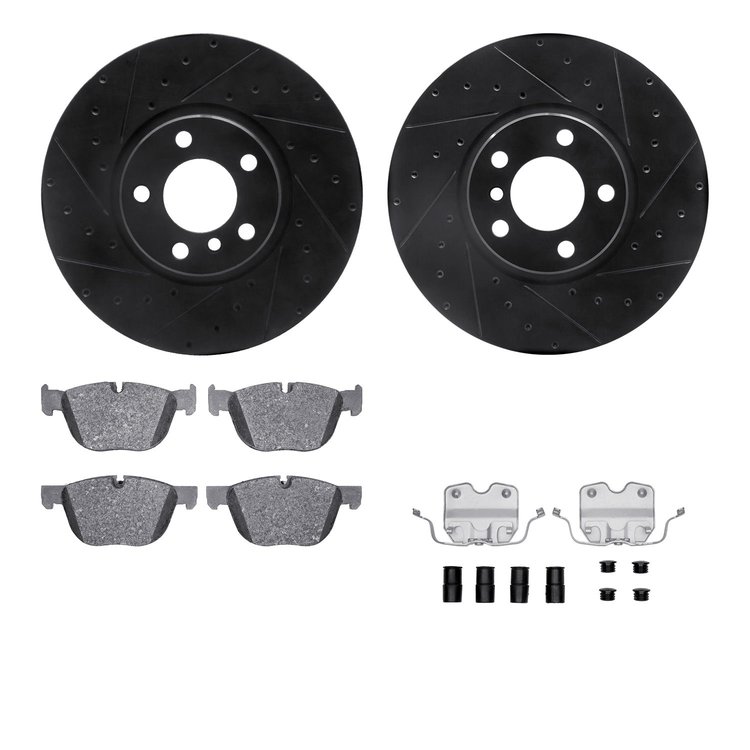 8612-31121 Dimpled/Slotted Brake Rotors w/5000 Euro Ceramic Brake Pads Kit & Hardware [Black], 2016-2018 BMW, Position: Front