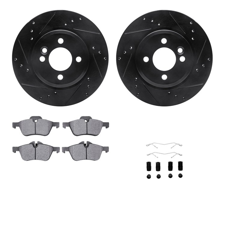 8612-32001 Drilled/Slotted Brake Rotors w/5000 Euro Ceramic Brake Pads Kit & Hardware [Black], 2002-2006 Mini, Position: Front