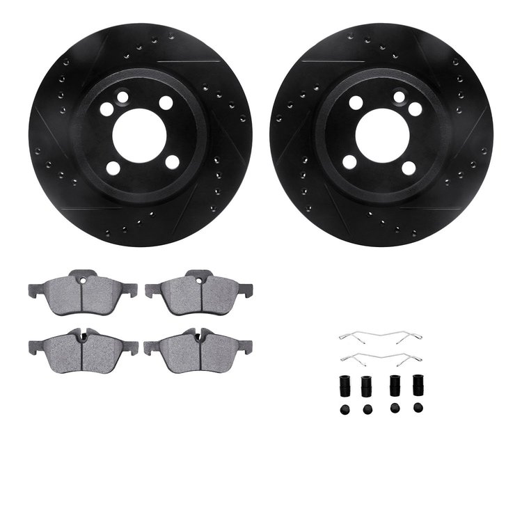 8612-32005 Drilled/Slotted Brake Rotors w/5000 Euro Ceramic Brake Pads Kit & Hardware [Black], 2007-2008 Mini, Position: Front