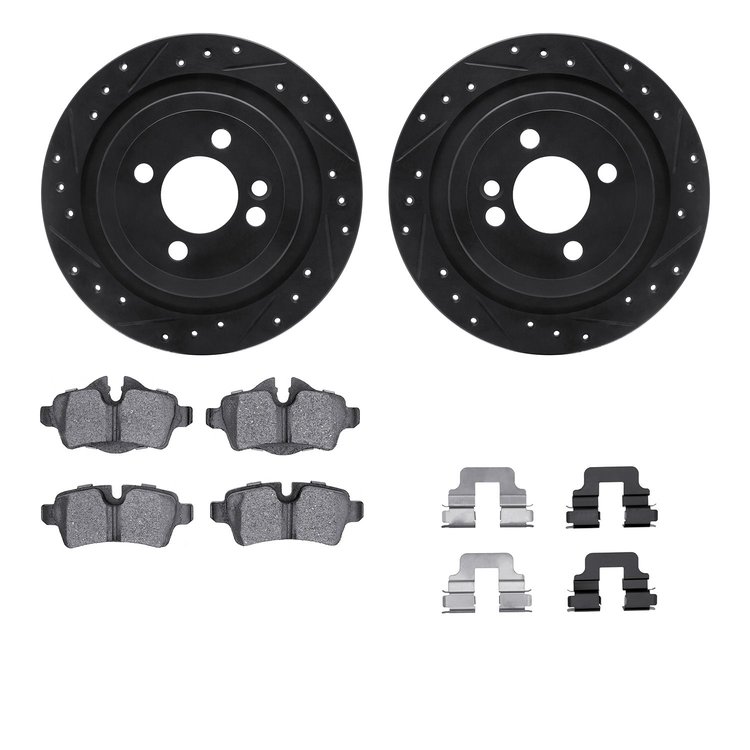 8612-32008 Drilled/Slotted Brake Rotors w/5000 Euro Ceramic Brake Pads Kit & Hardware [Black], 2009-2014 Mini, Position: Rear