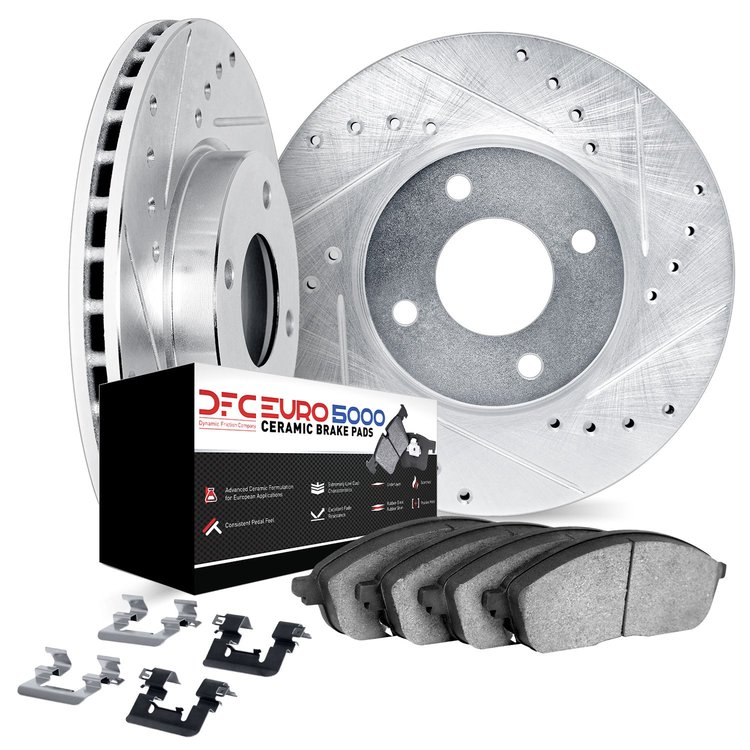 8612-32014 Drilled/Slotted Brake Rotors w/5000 Euro Ceramic Brake Pads Kit & Hardware [Black], 2013-2013 Mini, Position: Front