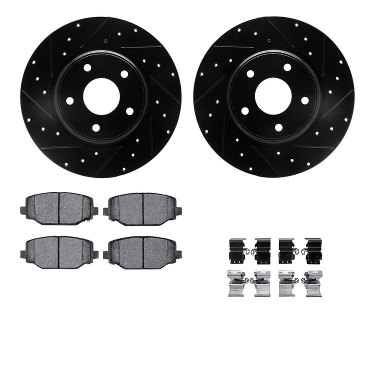 8612-40004 Drilled/Slotted Brake Rotors w/5000 Euro Ceramic Brake Pads Kit & Hardware [Black], 2012-2020 Multiple Makes/Models, 