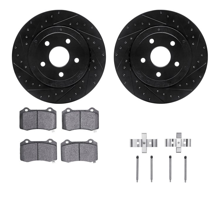 8612-42001 Drilled/Slotted Brake Rotors w/5000 Euro Ceramic Brake Pads Kit & Hardware [Black], 2006-2010 Mopar, Position: Rear