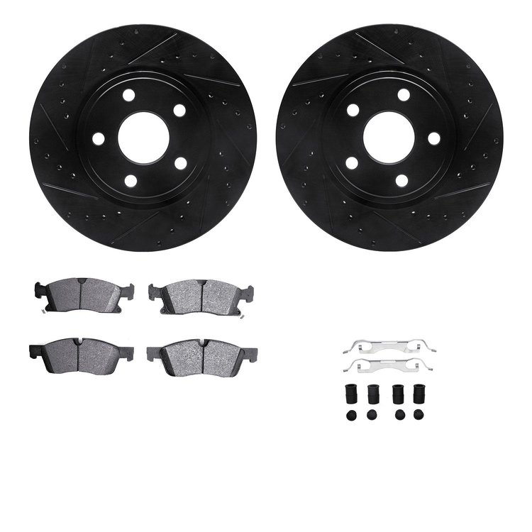 8612-42002 Drilled/Slotted Brake Rotors w/5000 Euro Ceramic Brake Pads Kit & Hardware [Black], Fits Select Mopar, Position: Fron